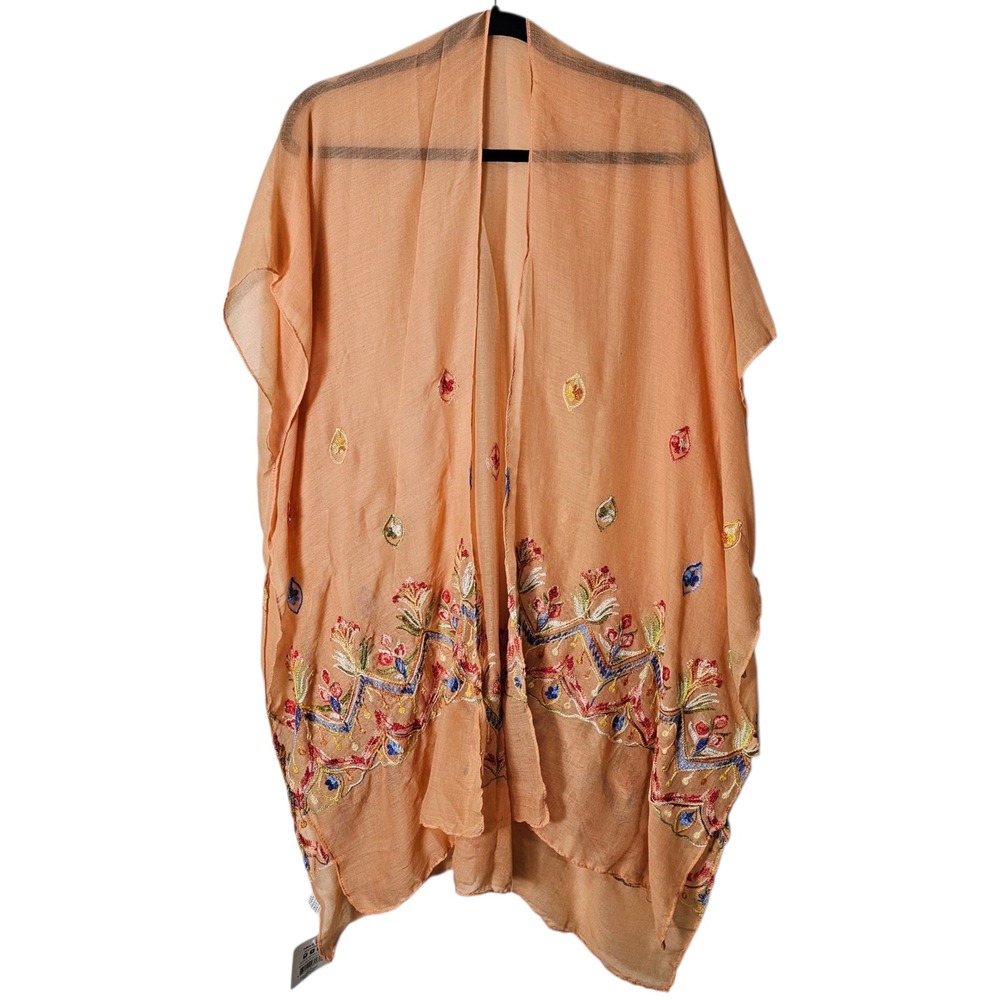 NWT Embroidered Kimono Wrap Peach Orange Floral Open Front Lightweight Boho